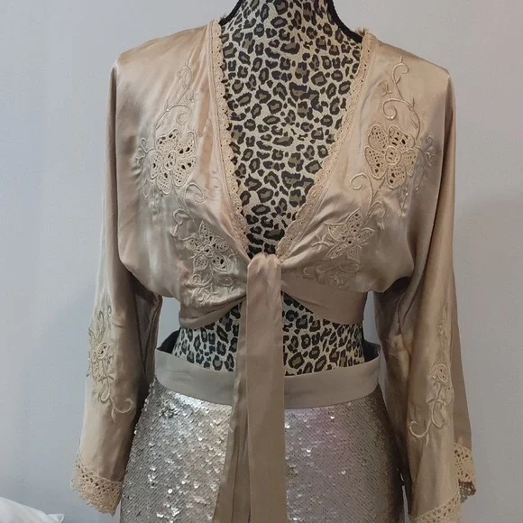 100% Silk Beige Satin Embroidered Tie-Front Top - Picture 8 of 13